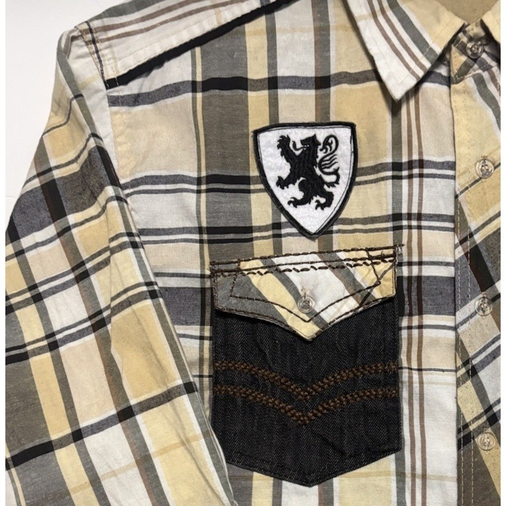 Red Ape Mens Tan Black Plaid Button Down Shirt Lion Crest Patch Size Large - Picture 5 of 16
